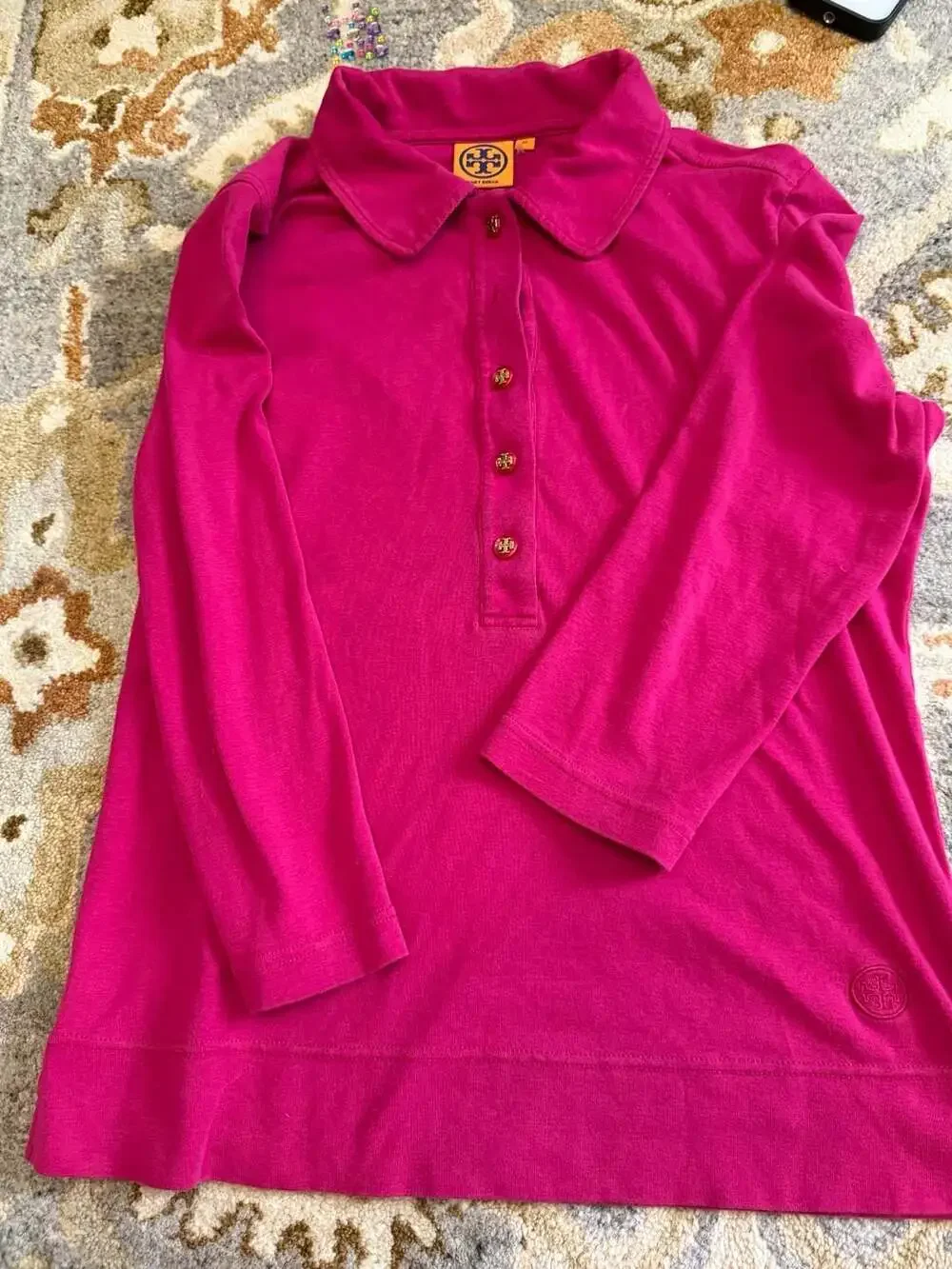 Tory Burch Magenta Pink Long Sleeve Polo Shirt with Logo Buttons